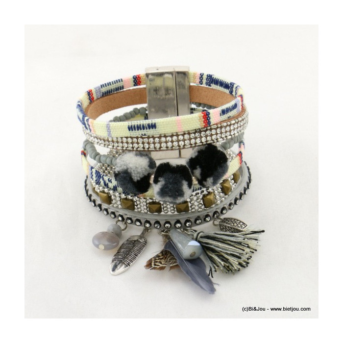 bracelet manchette simili-cuir aimanté pompon rond tassel plume métallique 0217012 gris clair