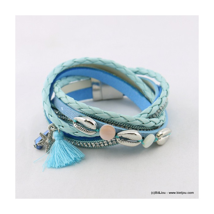 bracelet multi-tours simili-cuir aimanté coquillage étoile de mer métallique pompon tassel 0217026 bleu