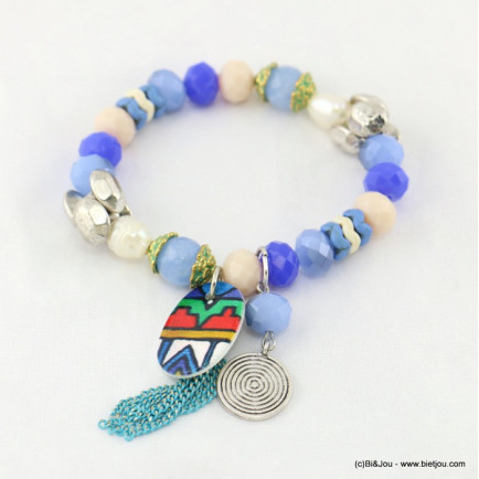 bracelet élastique pièce motif aztèque pompon tassel chaînes fines 0217164 bleu