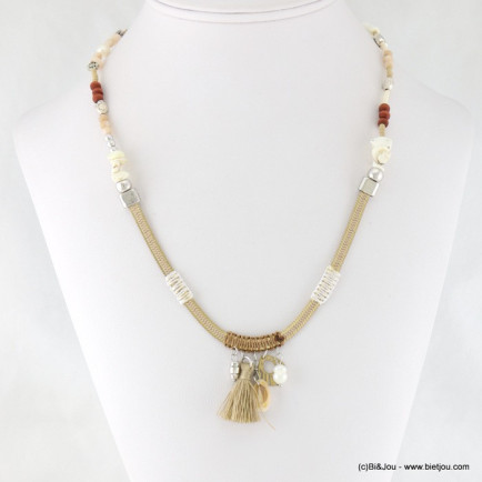 collier-bracelet 2en1 pompon tassel tissu coquillage cauri 0117070 naturel/beige