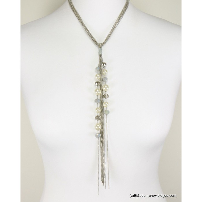 collier chaînes maille bille bicolore imitation perle 0117301 gris clair