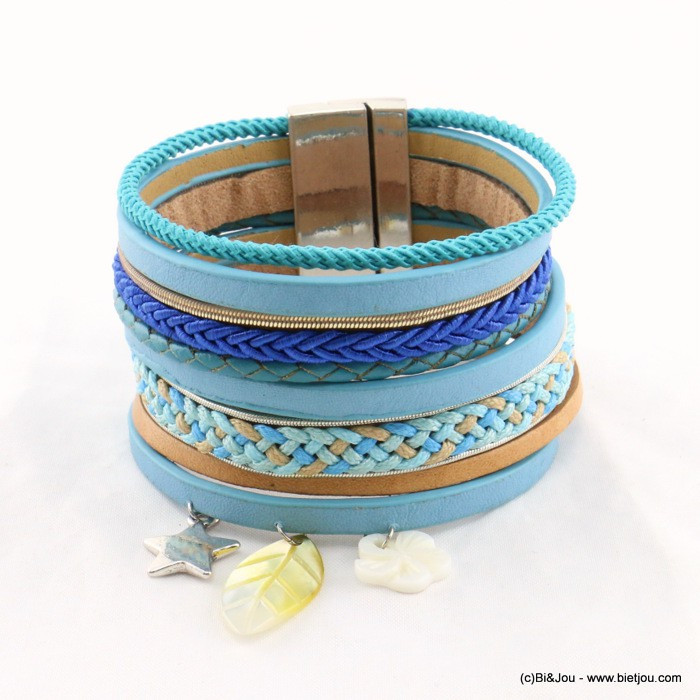 bracelet manchette CUIR véritable fleur feuille nacre fermoir aimanté 0217200 bleu bracelet manchette CUIR véritable fleur feuille nacre fermoir aimanté 0217200 bleu