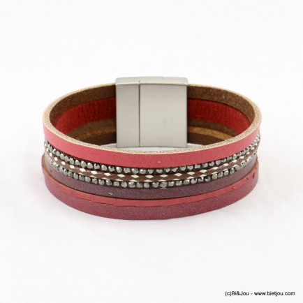 bracelet cuir véritable femme aimanté 0217515 rouge