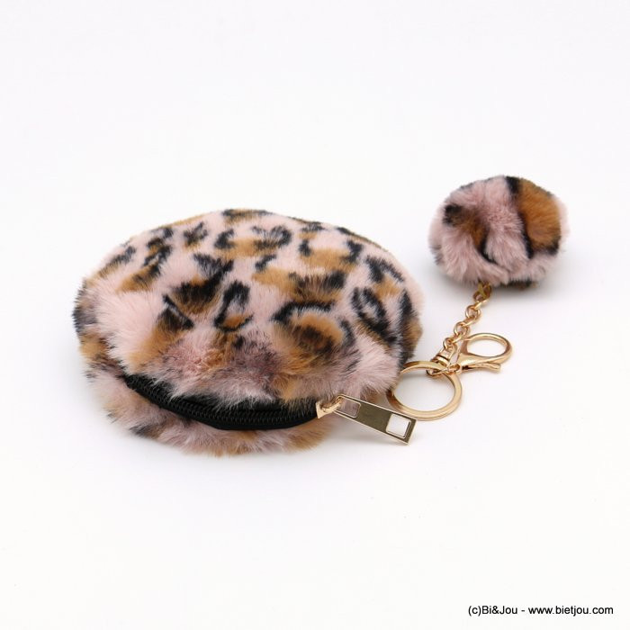 porte-clés bijou de sac porte-monnaie rond imitation fourrure motif léopard pompon 0818505