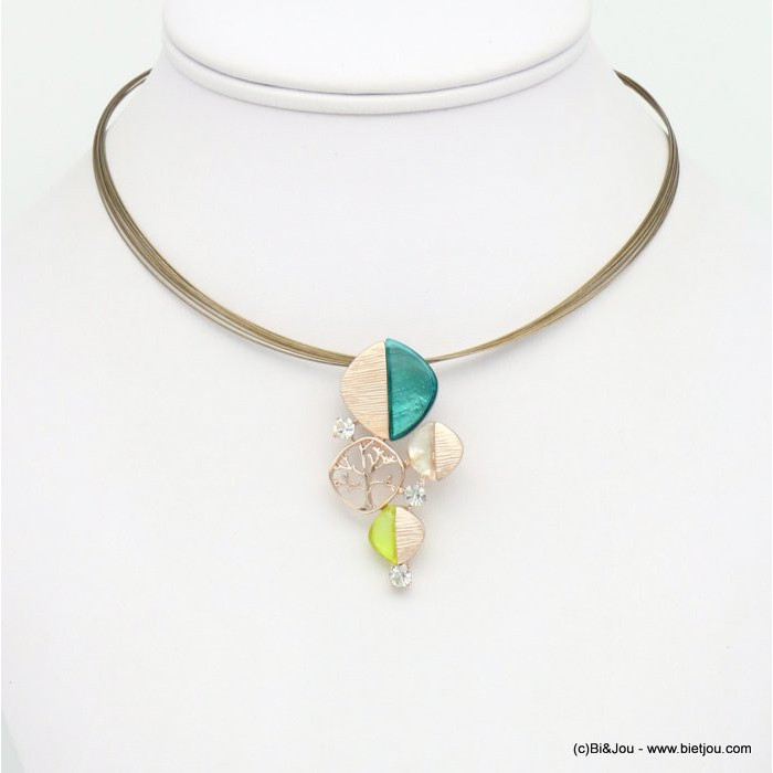 collier pendentif résine coloré strass arbre de vie métal câbles multi-brins femme 0119038