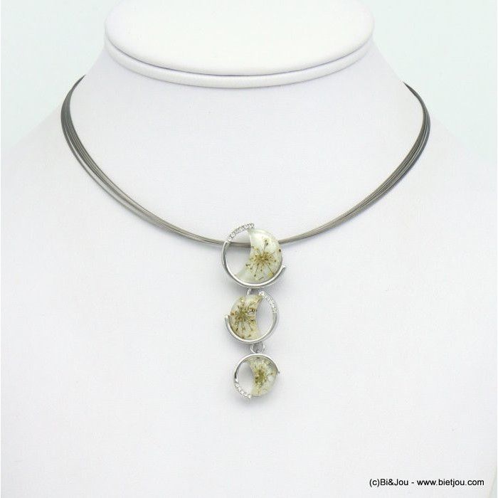 collier pendentif fleurs séchées strass résine métal coloré câble multi-brins femme 0119051