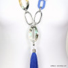 sautoir anneaux métal nacre bois pendentif pompon fil femme 0119012 bleu