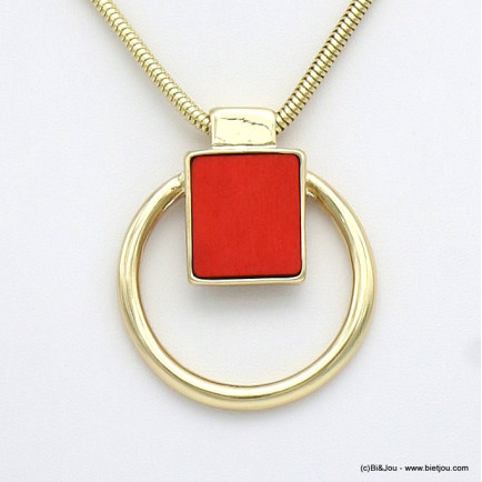 collier court géométrique anneau métal carré bois femme 0119078 rouge