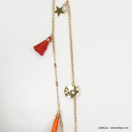 sautoir double rang étoile pièce métal pompon papier imitation perle 0119125 orange