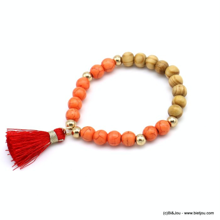 bracelet billes de pierre effet marbré bois pompon fil 0219053 bracelet billes de pierre effet marbré bois pompon fil 0219053