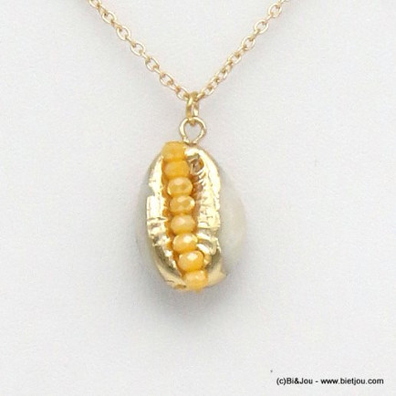 collier bijoux de plage coquillage cauri naturel perles cristal facettées 0119291 jaune