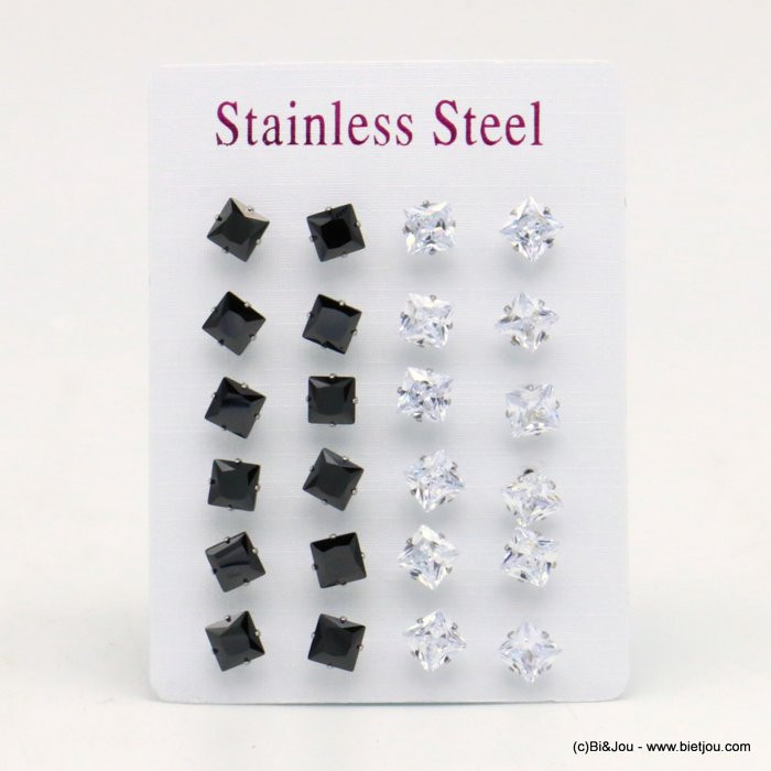 12 paires de puce d'oreilles carré zirconium noir & transparent acier inoxydable 6mm 0319534