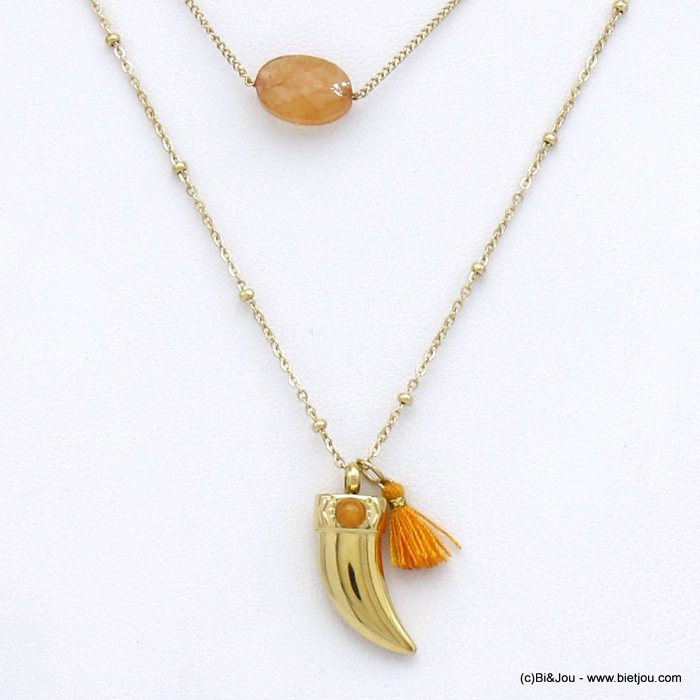 collier double-rang acier inoxydable corne abondance pierre naturelle pompon fil 0120017 cognac