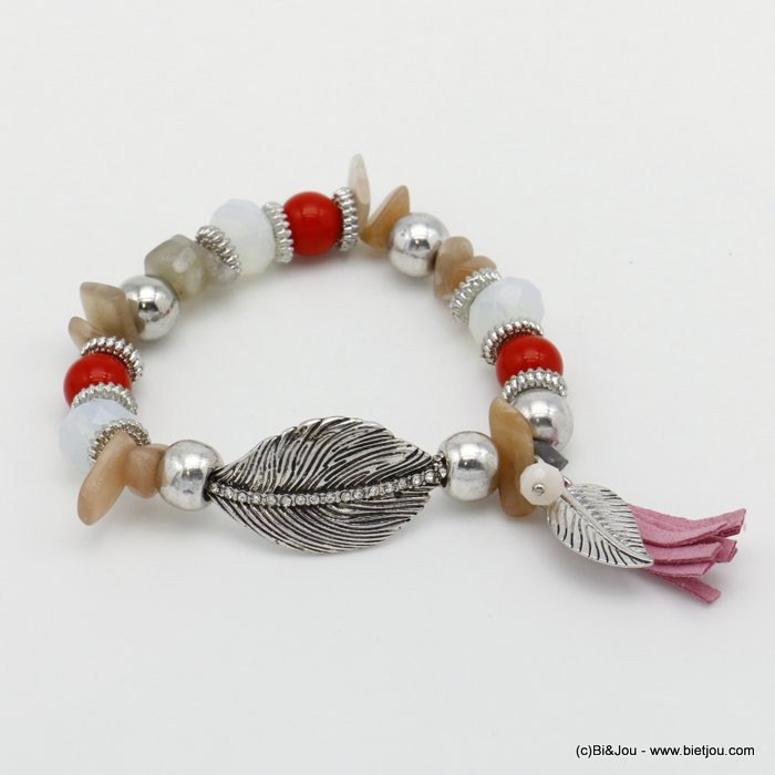 bracelet élastique feuille métal strass cristal éclats de pierre pompon suédine billes acrylique 0216164