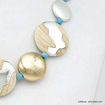 collier vintage disques métal résine métalisée décor bois billes pierre femme 0120080 bleu turquoise