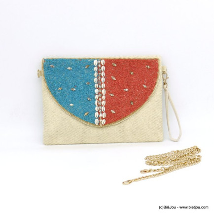pochette plage paille tressée synthétique rabat coquillage cauri perles rocaille femme 0920003