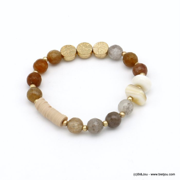 bracelet plage élastique arbre de vie rondelles Heishi polymère pierre nacre métal femme 0220089