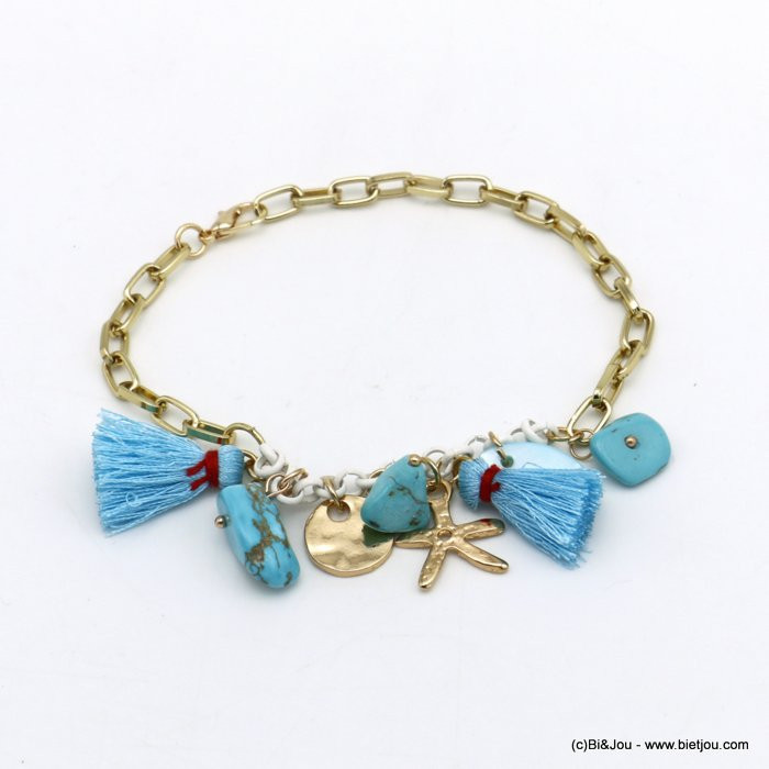 bracelet chaîne maille rectangulaire plage étoile de mer pompon fil nacre pierre femme 0220098