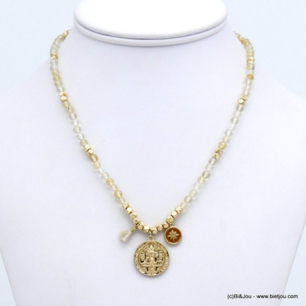 collier billes en pierre naturelle, pendentif médaillon en métal et étoile du nord en émail, pompon fil, femme 0120133