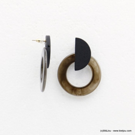 boucles d'oreilles vintage géométrique anneau en résine et demi-cercle en bois femme 0320149
