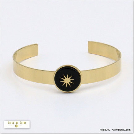 bracelet jonc ouvert pierre naturelle ronde 15mm étoile du nord acier inoxydable 0219547 noir