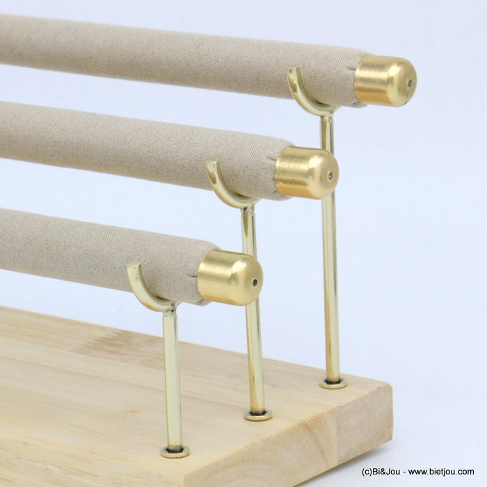 présentoir bagues 3 niveaux 3 tubes nubuck socle bois 0621010 doré