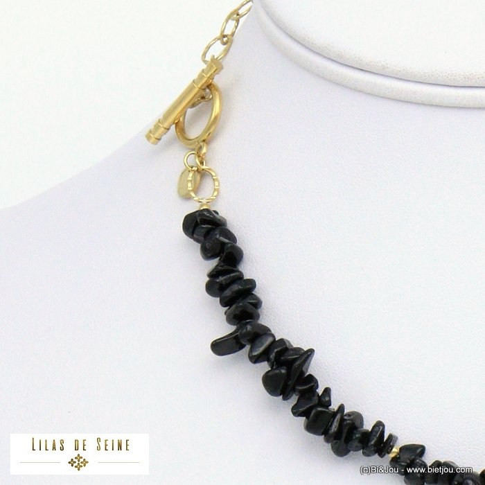 collier éclats pierre fermoir T batonnet acier inoxydable femme 0121017 noir