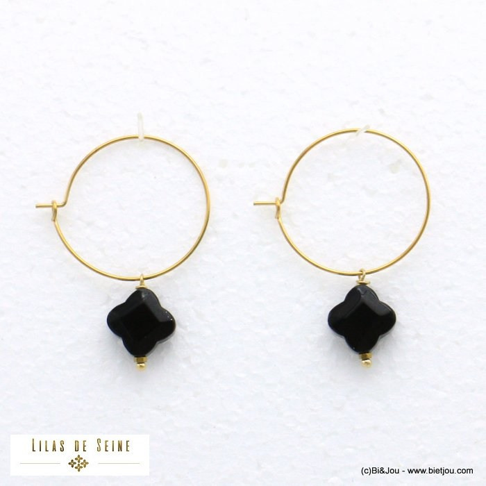 BOUCLES D'OREILLE CRÉOLE TRÈFLE PIERRE ACIER INOXYDABLE FEMME 0321045 noir BOUCLES D'OREILLE CRÉOLE TRÈFLE PIERRE ACIER INOXYDABLE FEMME 0321045 noir