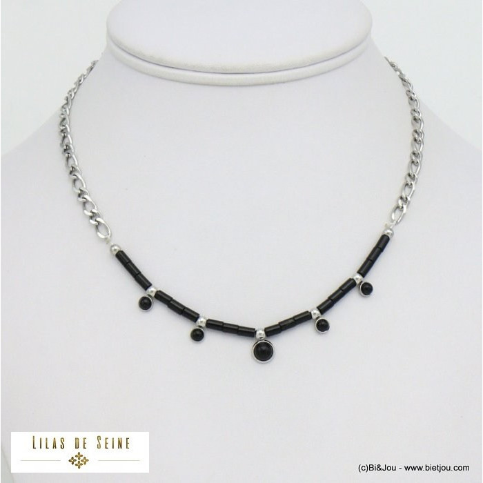 collier tubes cabochons pierre acier inoxydable femme 0121505 collier tubes cabochons pierre acier inoxydable femme 0121505