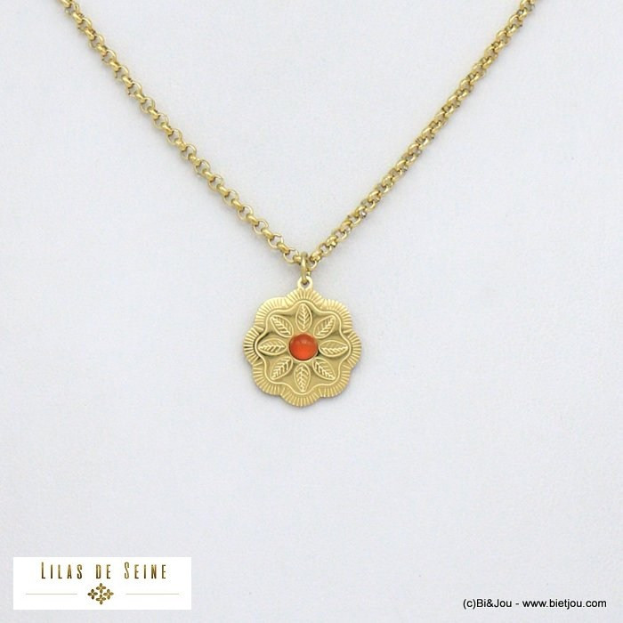 collier pendentif fleur cabochon pierre acier inoxydable femme 0121509