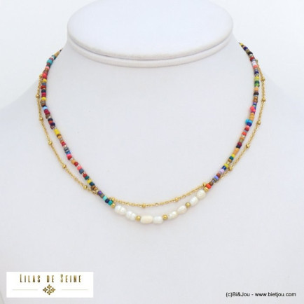 collier double-rangs acier inoxydable perles eau douce perles rocaille femme 0121533
