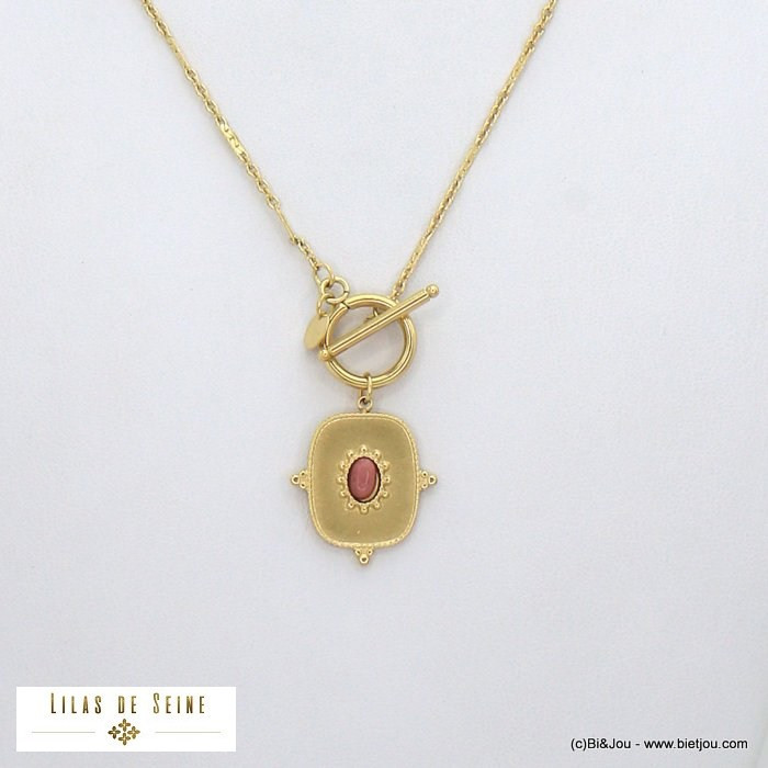 collier baroque cabochon pierre fermoir T batonnet acier inoxydable femme 0121558 rouge