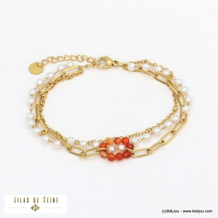 bracelet triple rangs pierre naturelle acier inoxydable perles acrylique femme 0221537