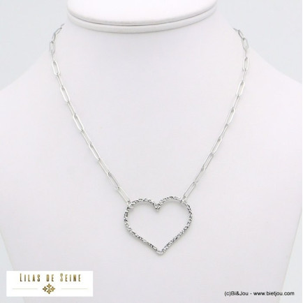 collier coeur martelé chaîne maille rectangulaire acier inoxydable femme 0121546