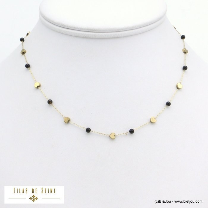 collier billes pierre naturelle coeurs acier inoxydable femme 0121583