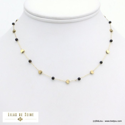 collier billes pierre naturelle coeurs acier inoxydable femme 0121583
