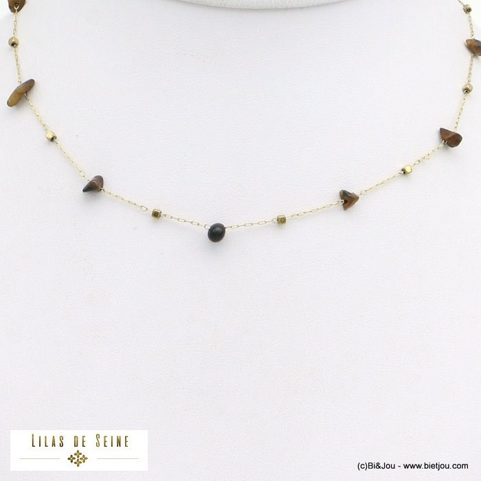 collier éclats billes pierre naturelle acier inoxydable femme 0121582 marron