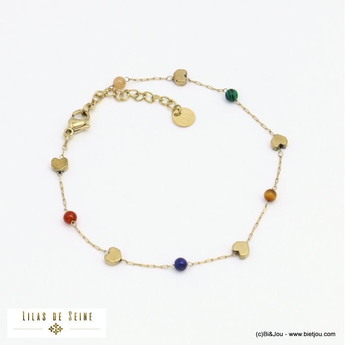 bracelet billes pierre naturelle coeurs acier inoxydable femme 0221584