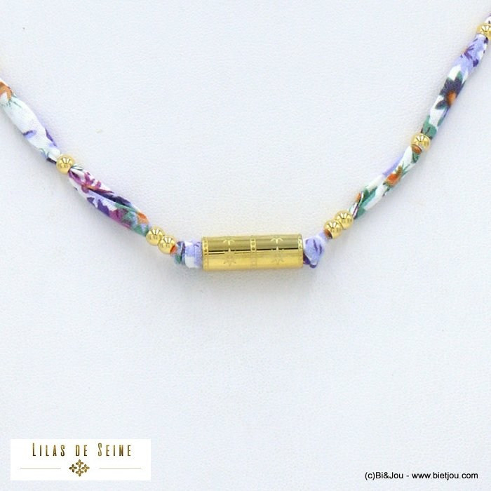 collier tube étoile acier inoxydable tissu fleuri femme 0122001 violet