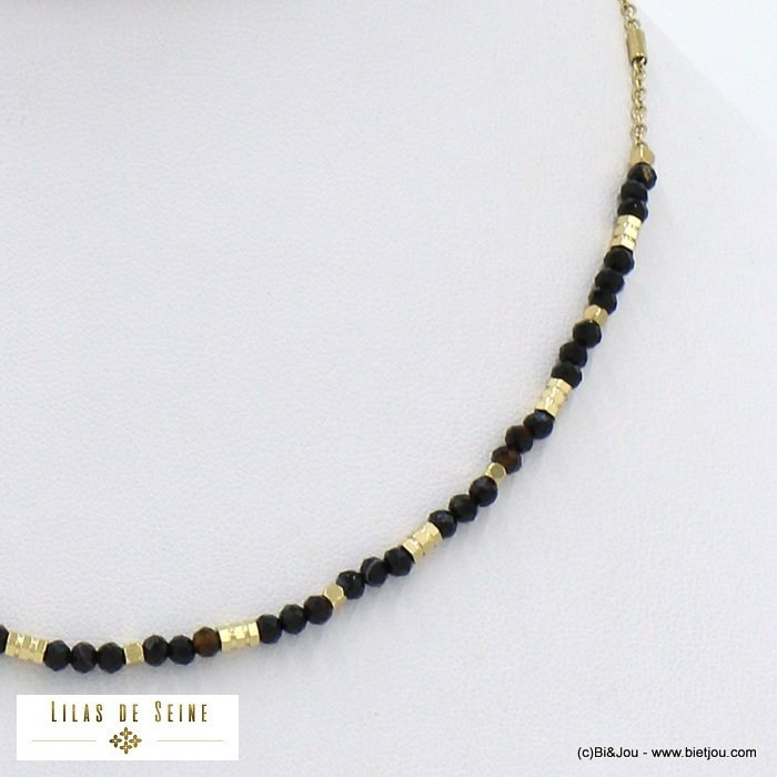 Collier acier inoxydable tubes billes facettées pierre femme 0122020 noir