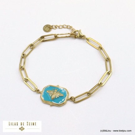 bracelet acier inoxydable abeille émail chaîne mousqueton trombone femme 0222020