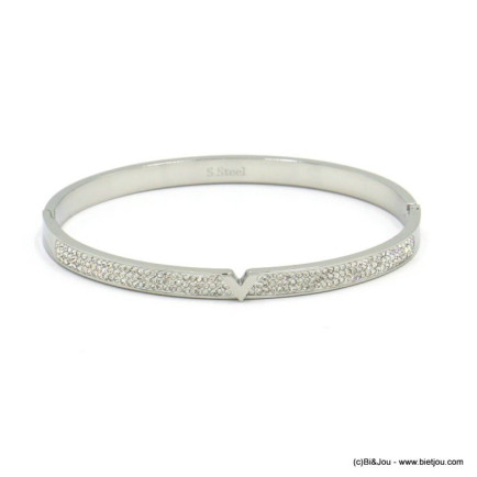 bracelet jonc ouvrable acier inoxydable forme V strass femme 0222081