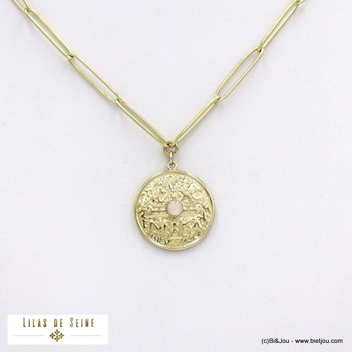 collier acier inoxydable gothique croix cabochon pierre femme 0122072 rose