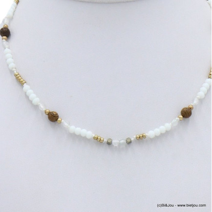 collier billes cristal métal bois femme 0122087 blanc