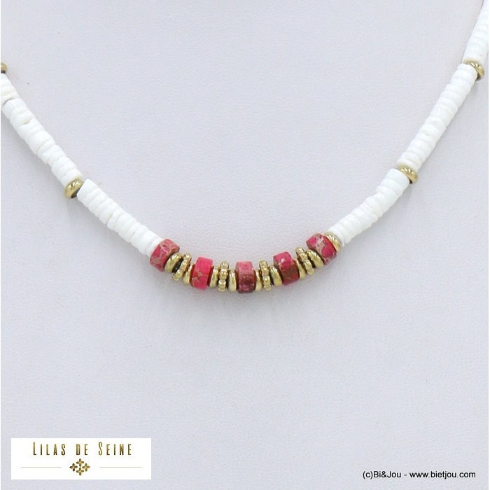 collier acier inoxydable surfeur disques pierre nacre femme 0122019 fushia