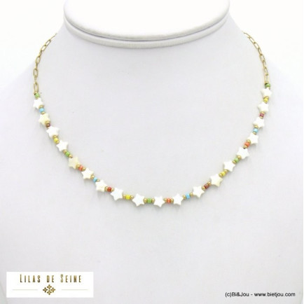 collier acier inoxydable suite étoiles nacre perles rocaille femme 0122022