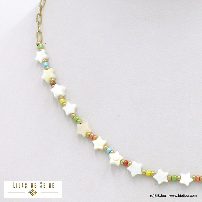 collier acier inoxydable suite étoiles nacre perles rocaille femme 0122022 multi