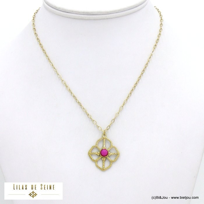 collier acier inoxydable fleur ajourée cabochon pierre femme 0122063