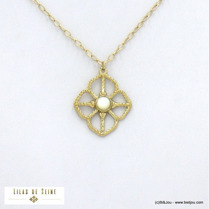 collier acier inoxydable fleur ajourée cabochon pierre femme 0122063 blanc