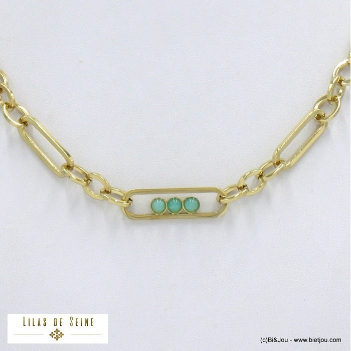 collier acier inoxydable 3 cabochons pierre femme 0122064 bleu turquoise